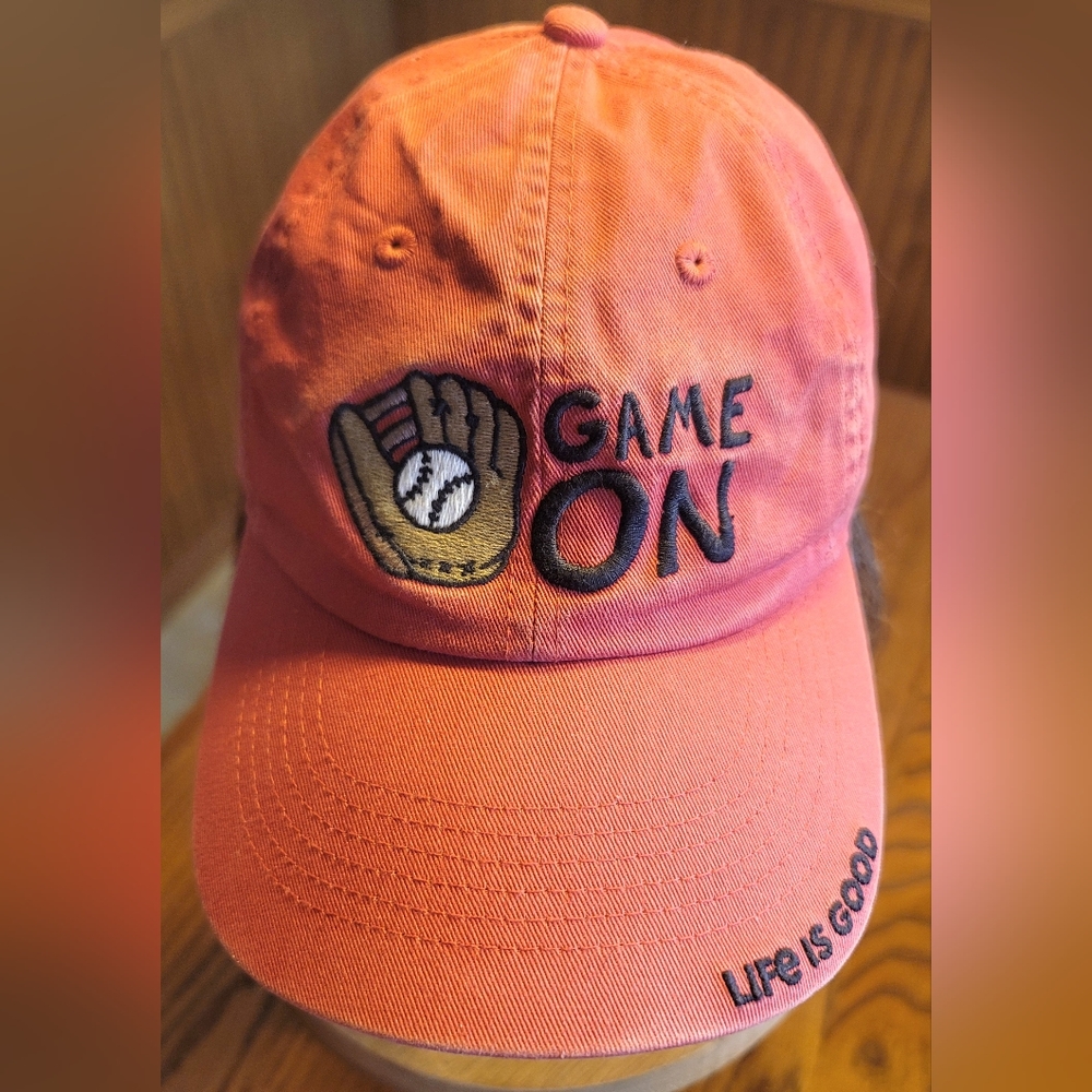Life Is Good GAME ON Embroidered Distressed Peach Cap Hat Adjustable CLEAN